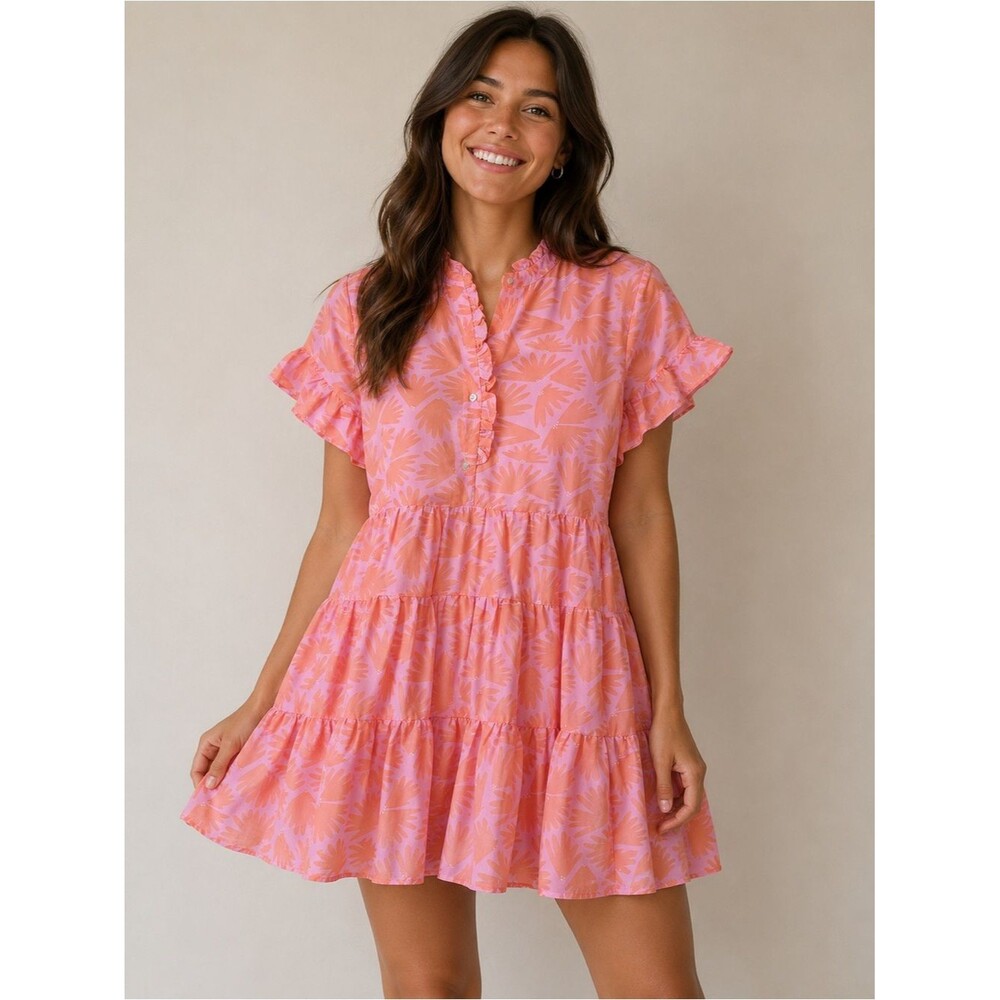 J. Marie Pink Orange Tropical Print Tiered Mini Dress Size XS